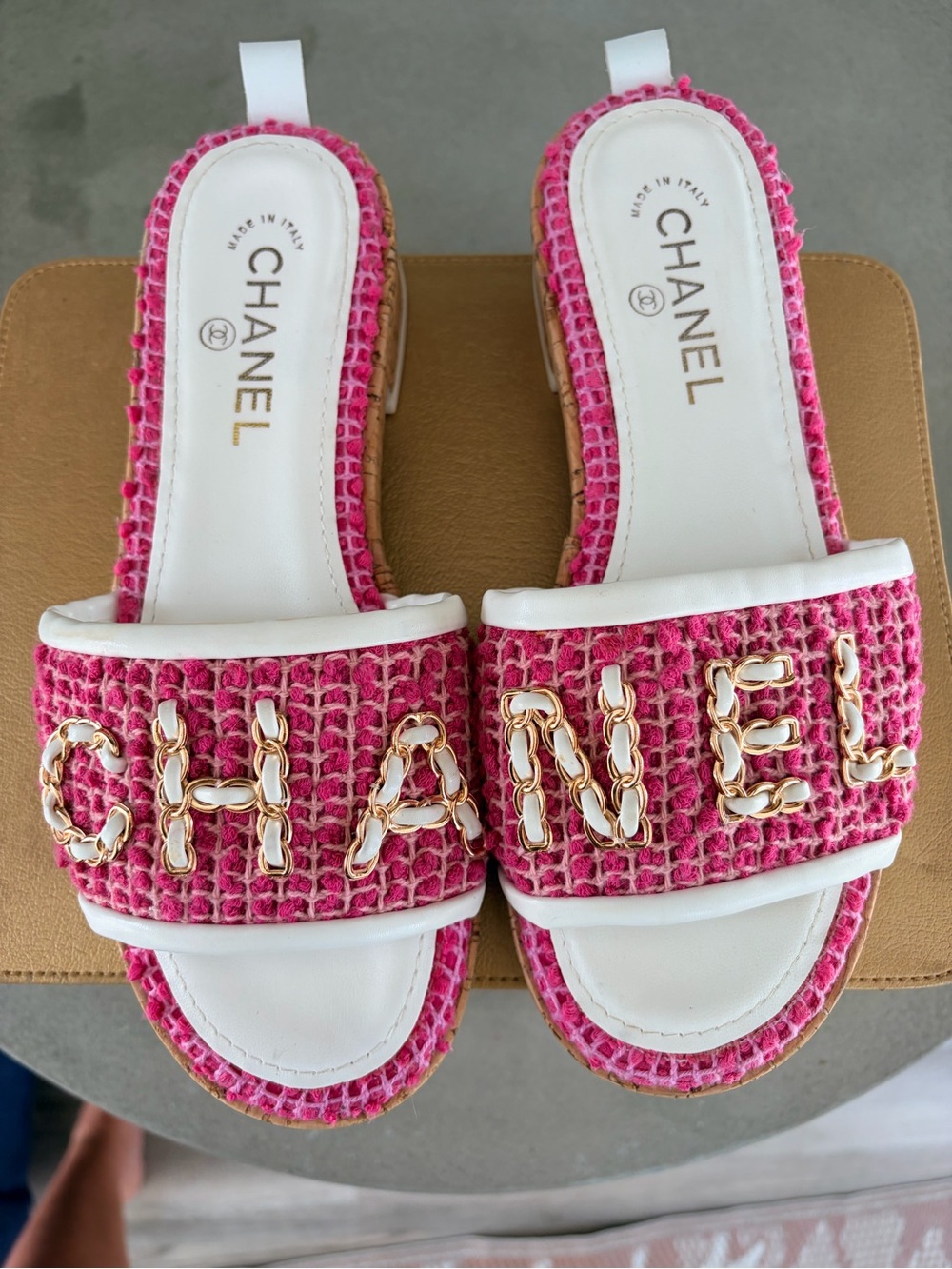CHANEL Pink Tweed Slide Sandals with Gold Chain Logo